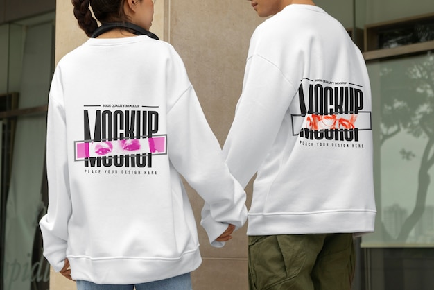 PSD people wearing back of a sweatshirt mockup