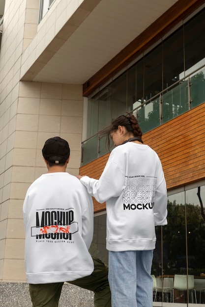 PSD people wearing back of a sweatshirt mockup