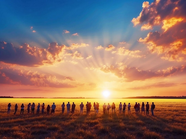 People with balloons in the sky at sunset