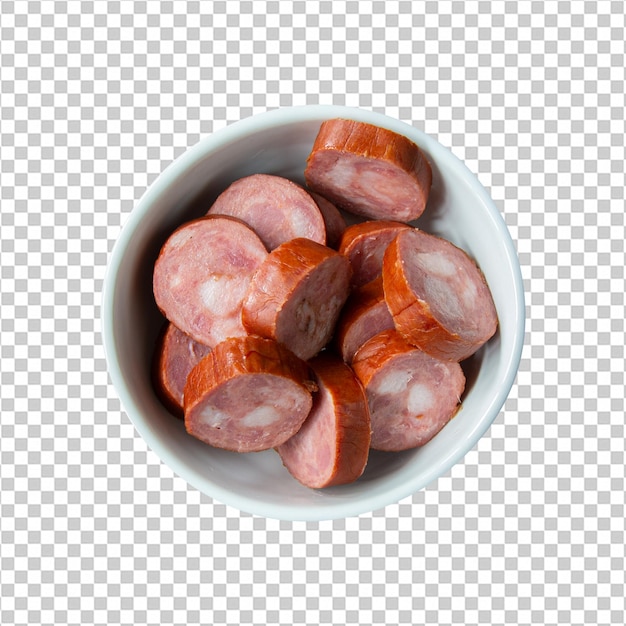 PSD pepperoni sausage sliced in white bowl