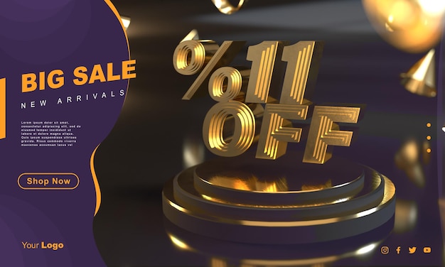 Percent 11 golden sale banner template above gold pedestal with dark background