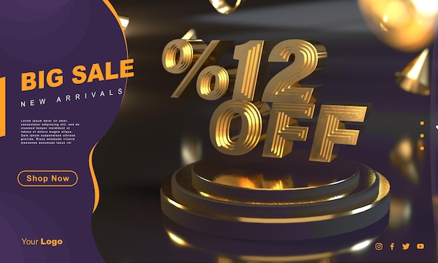 Percent 12 golden sale banner template above gold pedestal with dark background