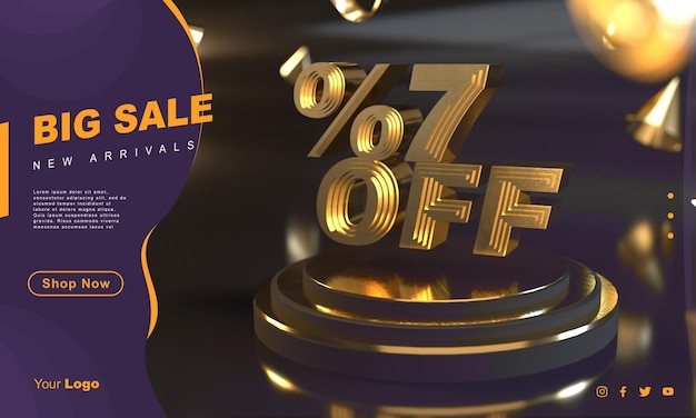 Percent 7 golden sale banner template above gold pedestal with dark background