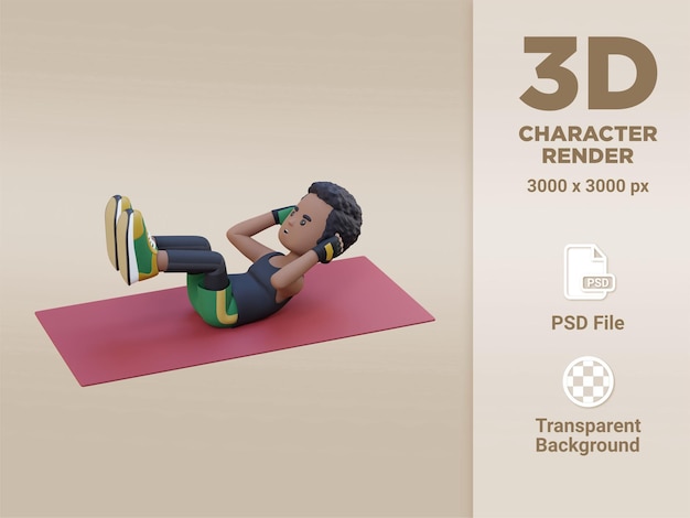 Perfect abs 3d sporty male character excelling in raised leg crunch at the gym