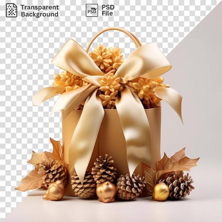 PSD perfect of christmas gifts wrapped in white ribbon and adorned with a gold bow displayed against a white wall adorned with brown and orange leaves