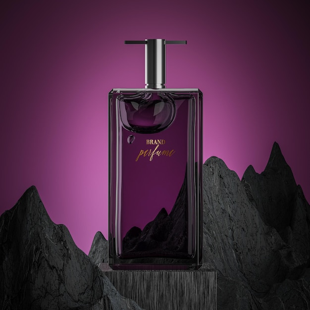 Mockup di logo bottiglia di profumo su sfondo roccioso viola astratto