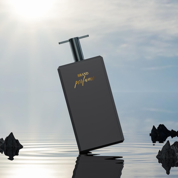 Perfume bottle logo mockup on ocean background