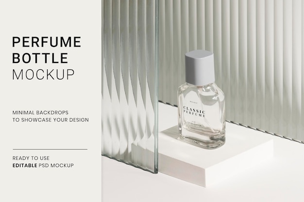 Perfume bottle mockup psd with patterned glass texture product backdrop