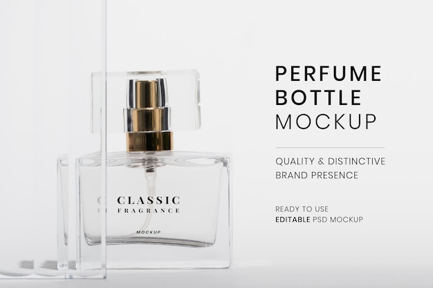 Perfume bottle mockup psd with patterned glass texture product backdrop