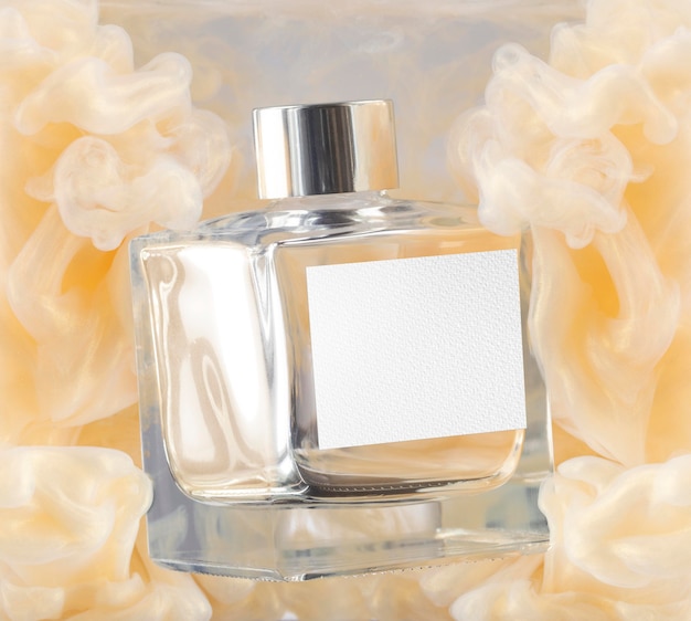 Perfume bottle and yellow  smoke mockup