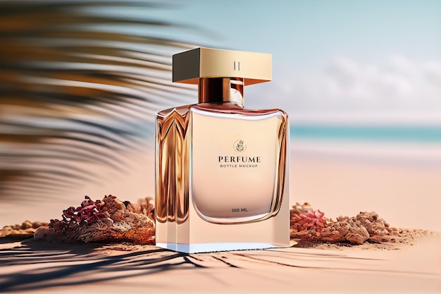 Perfume mockup in beach blurred background