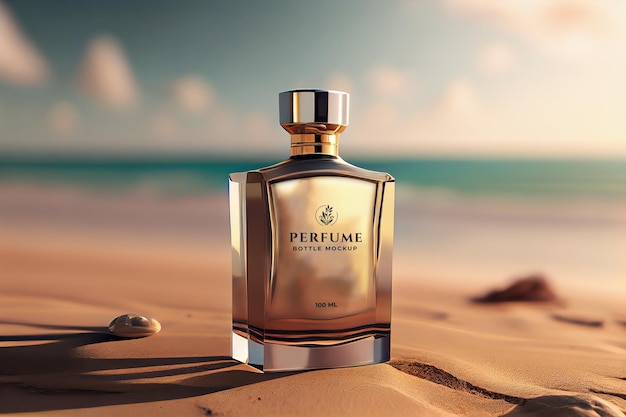背景をぼかした写真のビーチで香水のモックアップ