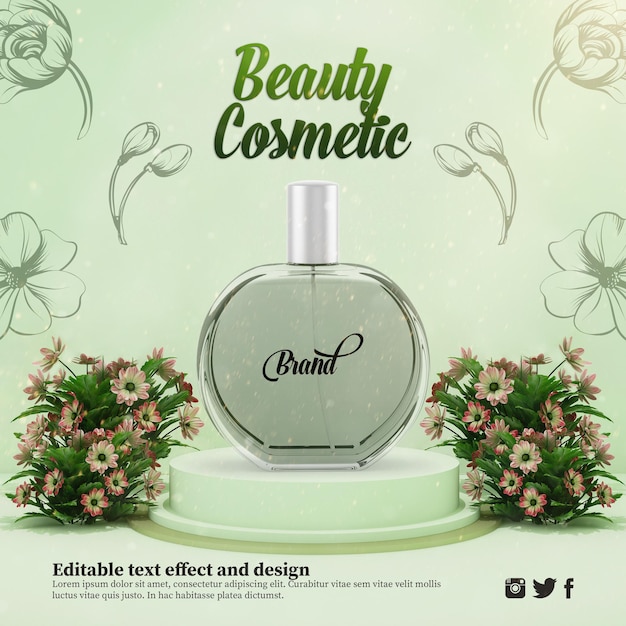 PSD perfume showcase mockup decorated with flowers