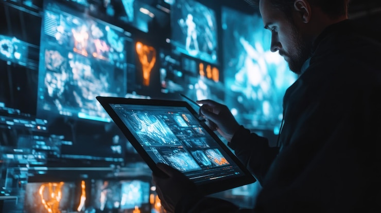 PSD person analyzing data on a futuristic tablet