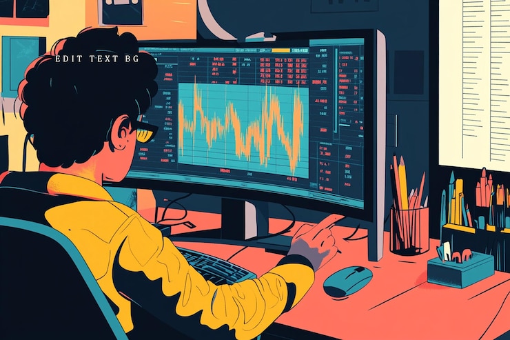 PSD person analyzing stock market data on large computer screen at desk