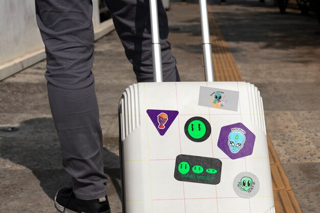 Person carrying luggage with stickers