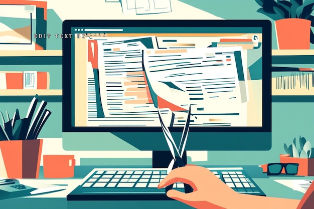 Person editing documents on computer screen at desk