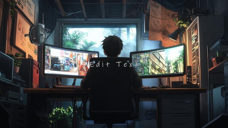 PSD person gaming at a cluttered desk with triple monitors overlooking a window