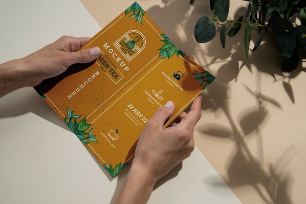 Person holding bifold brochure mock-up