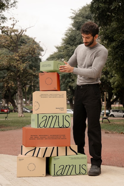 PSD person holding boxes mockup