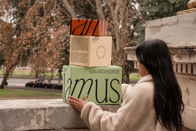 PSD person holding boxes mockup