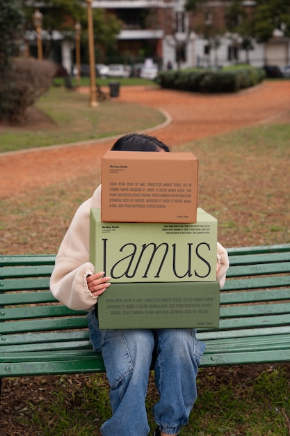 PSD person holding boxes mockup