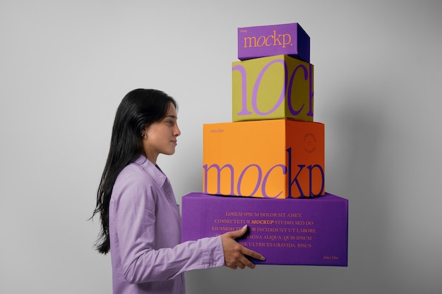 Person holding boxes mockup