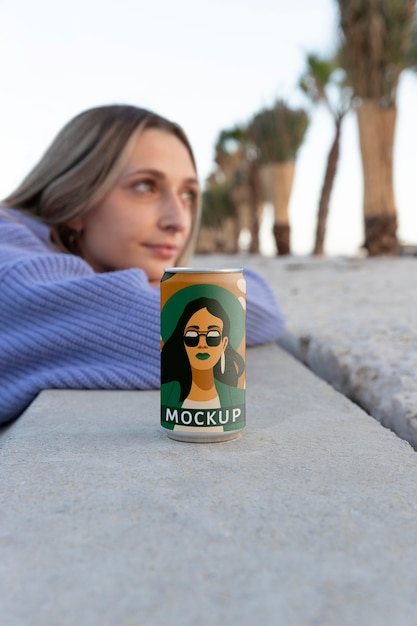 PSD person holding can mockup