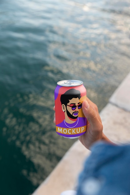 Person holding can mockup