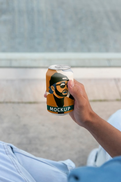 Person holding can mockup