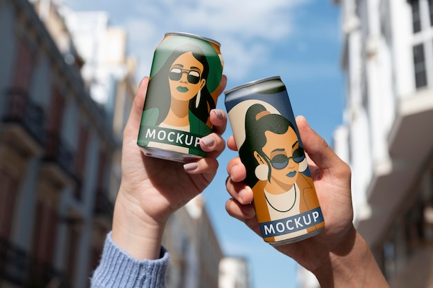 Person holding can mockup