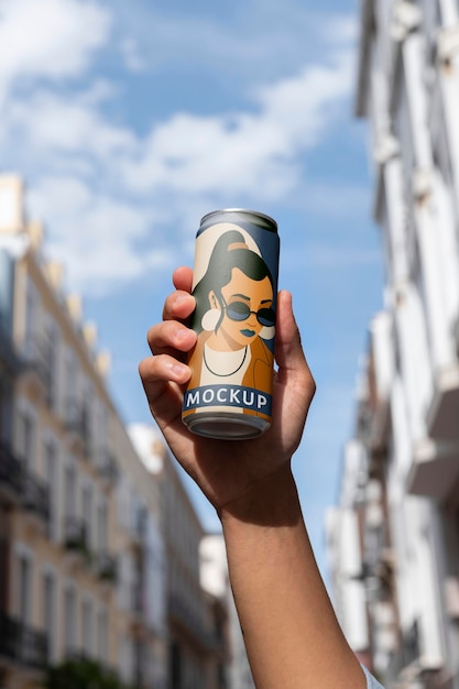 Person holding can mockup