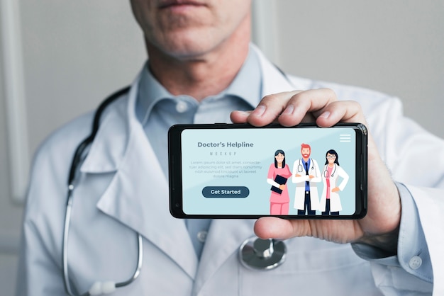 Person holding doctor's helpline landing page on mobile phone