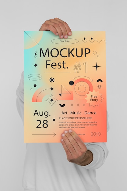 PSD person holding gradient poster mock-up for festival