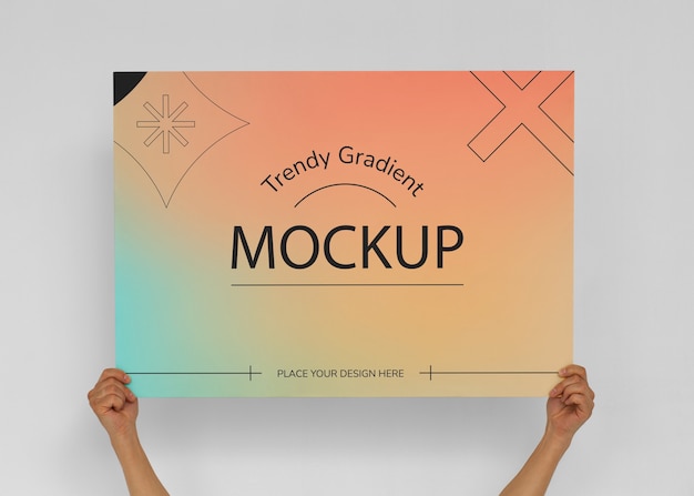 PSD person holding gradient poster mock-up for festival