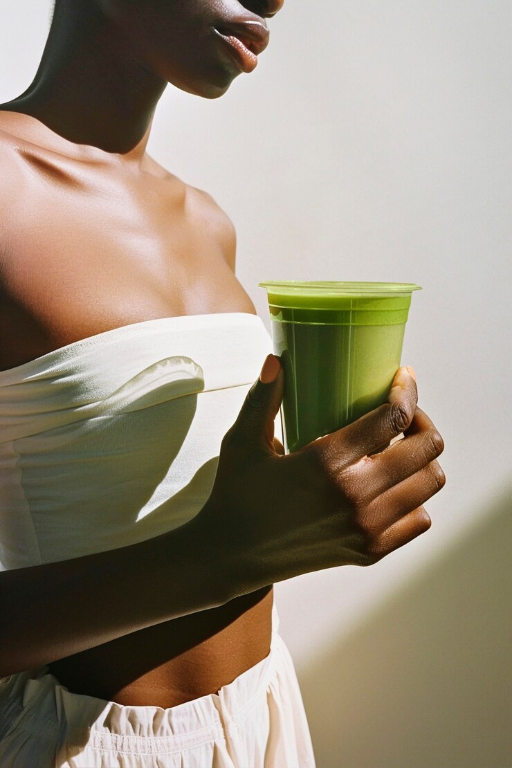 PSD person holding green drink mockup