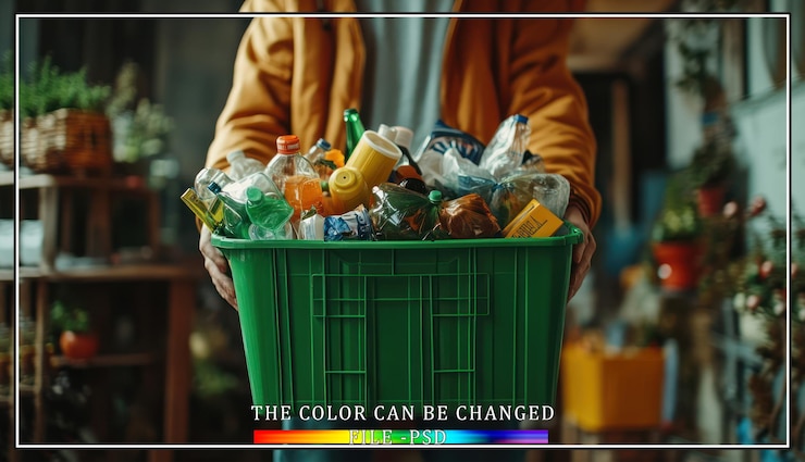 PSD person holding a green recycling bin full of plastic bottles and other recyclable materials