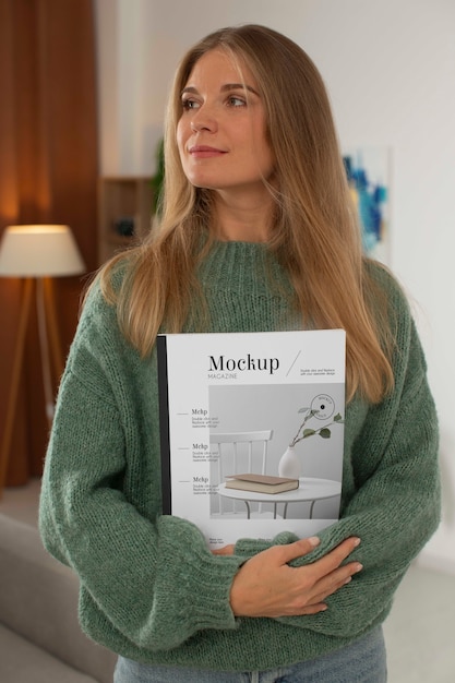 PSD person holding magazine mockup