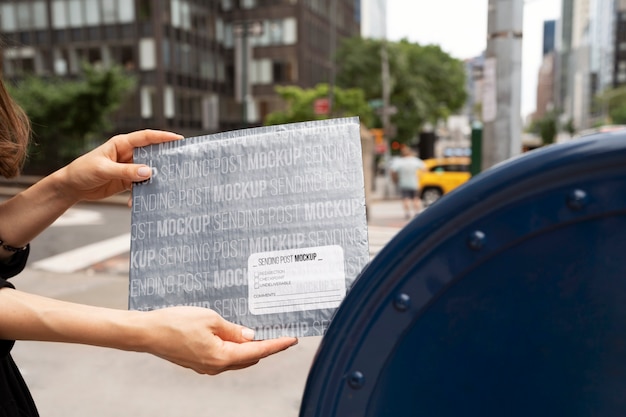 PSD person holding paper mail package