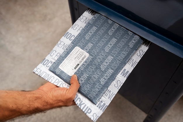 PSD person holding paper mail package