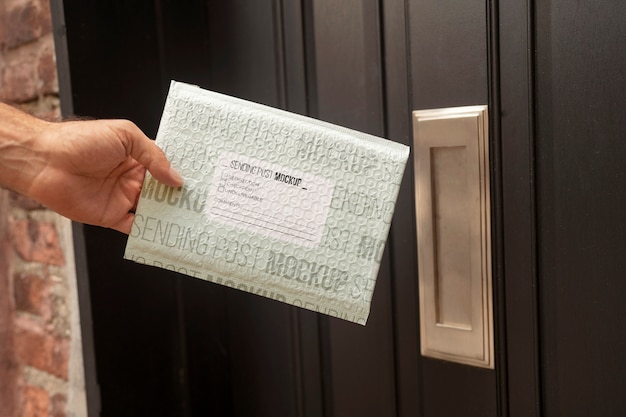 PSD person holding paper mail package