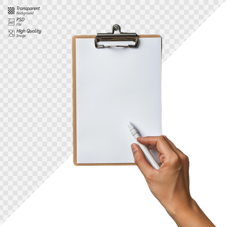 PSD person holding a pen and clipboard with transparent background