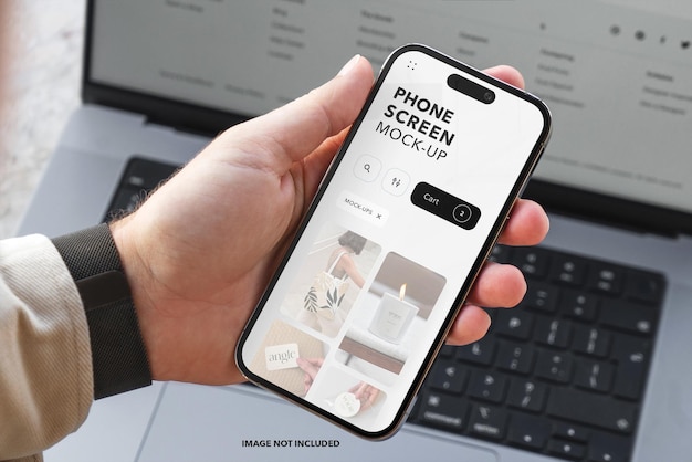 A person holding a phone with a screen mockup