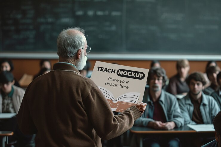 PSD person holding poster mockup in classroom
