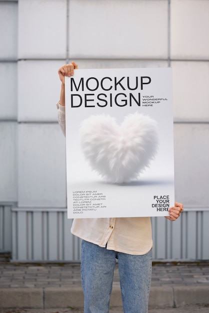 PSD person holding poster mockup