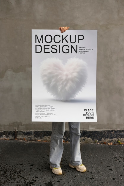 PSD person holding poster mockup