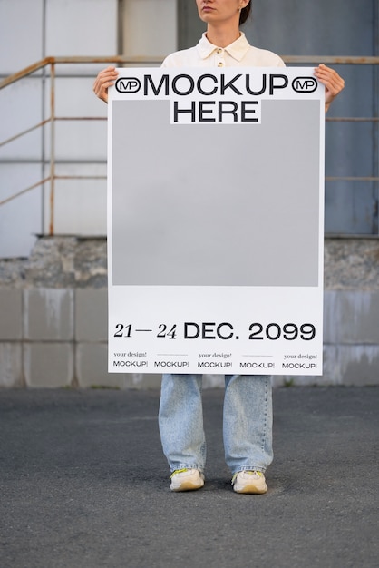 PSD person holding poster mockup