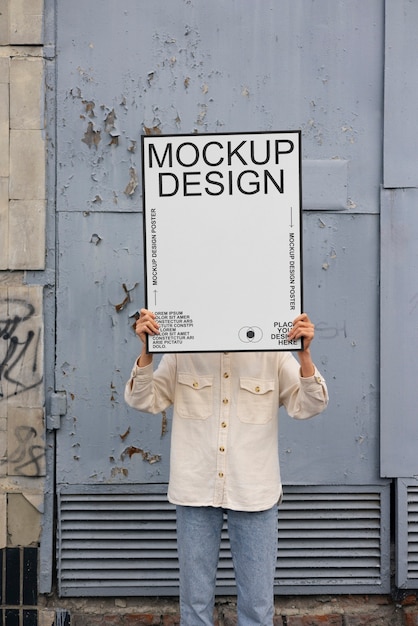 PSD person holding poster mockup