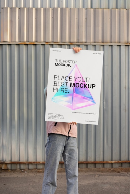 PSD person holding poster mockup