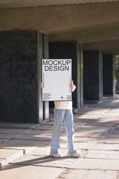 PSD person holding poster mockup